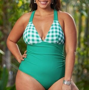 New Cupshe Daniella Gingham Criss Cross Plus Size 3XL One Piece Swimsuit Green